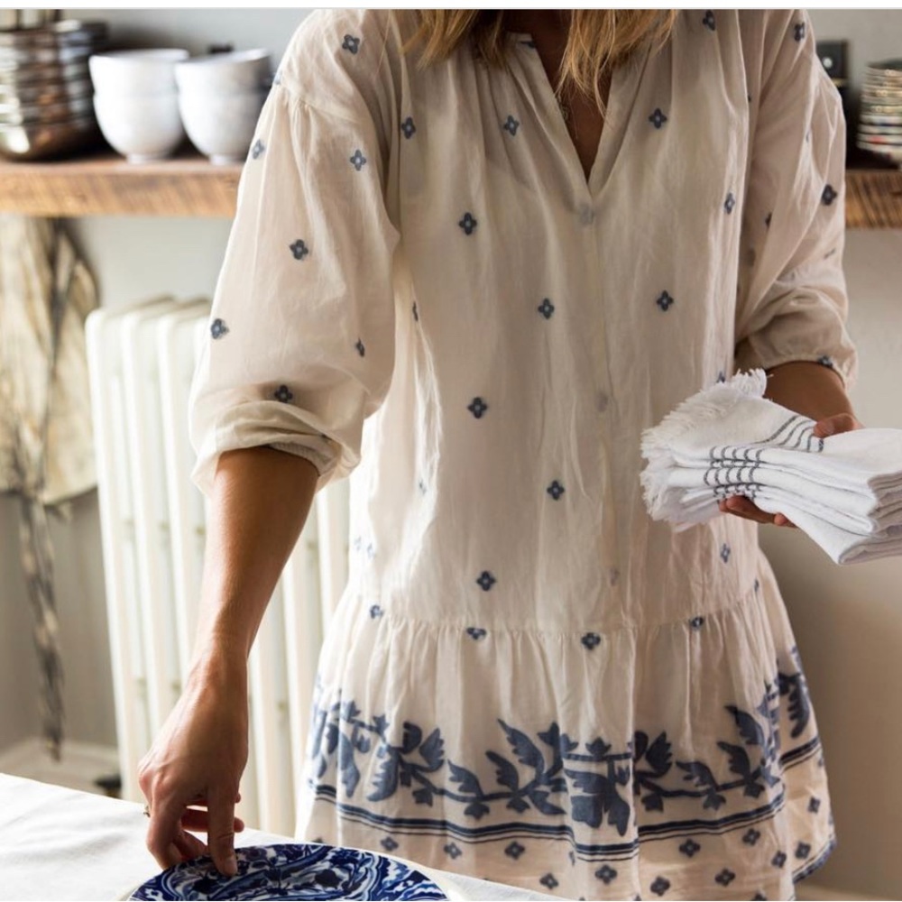 Madewell Jacquard Long Sleeve Tunic Sheer Dress Blue and Cream Sz S